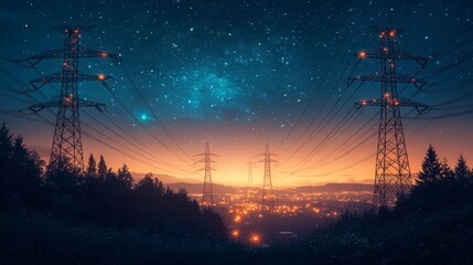 Electric transmission lines against night sky with city lights below. Suitable for articles about urban infrastructure and energy.