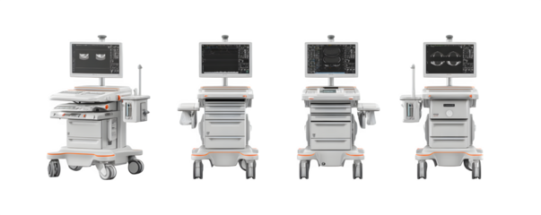 High-Quality Transparent-Background Studio-Lit Four ultrasound carts arrange digital artwork, commercial stock asset, ideal for print projects and marketing materials, creative projects