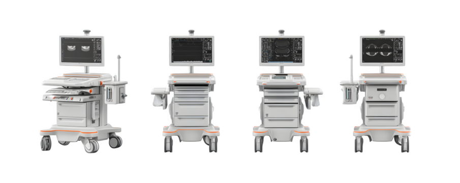 High-Quality Transparent-Background Studio-Lit Four ultrasound carts arrange digital artwork, commercial stock asset, ideal for print projects and marketing materials, creative projects