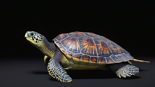Colorful turtle resting on a dark surface, showcasing intricate shell patterns and textures