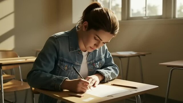 Student taking exam with classroom.