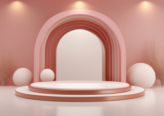 Abstract minimal pink background with podium and central arch, featuring geometric shapes for product display. 3D rendering mockup template for cosmetics with soft shadows and gentle lighting