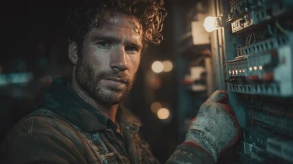 Male electrician working on electrical panel in dimly lit industrial setting with tools and equipment