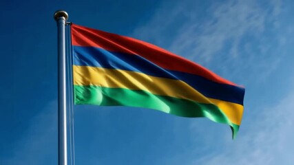 The flag of Mauritius proudly flutters in the wind, symbolizing independence and national pride against a bright, sunny sky.