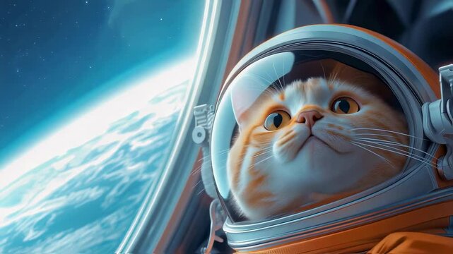 Orange tabby cat wearing professional space suit, looking out spacecraft window with planet surface visible. Detailed astronaut helmet with reflective visor. Tilt up camera motion, close-up shot.