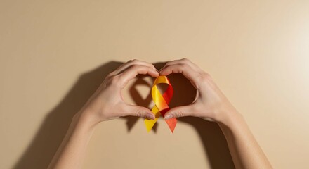 Hands Forming Heart Shape with Yellow and Red Ribbon, an awarness for world hepatitis day