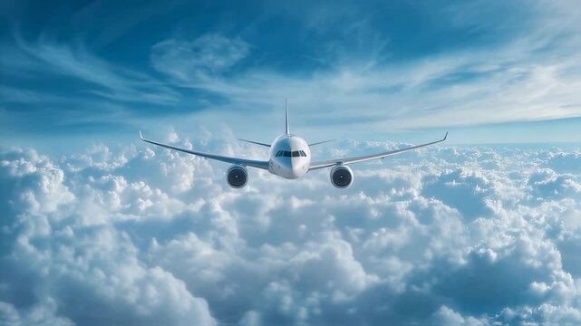 White passenger aircraft flying symmetrically centered above dense cumulus cloud formations with blue sky background. Aerial perspective showing airplane wings and engines.