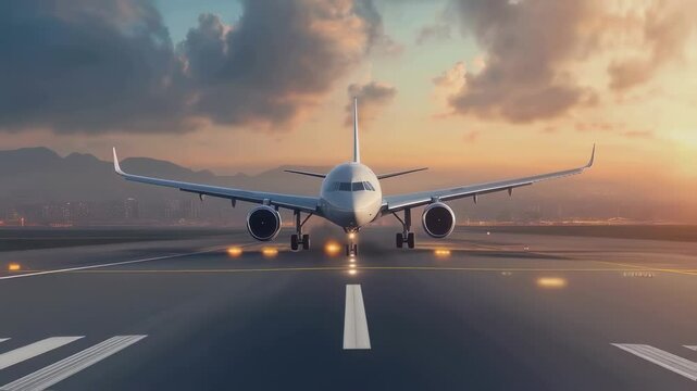 Commercial passenger aircraft positioned on illuminated runway at sunset with mountain landscape and city lights in background. Aircraft engines and landing gear visible, runway markings clear.