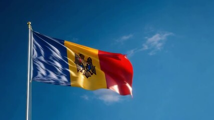 Moldova's flag waves proudly on Independence Day under a clear blue sky