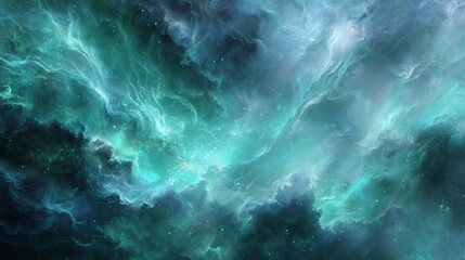Fototapeta premium Abstract cosmic space art reveals swirling ethereal blue and green wisps evoking depth and mystery.