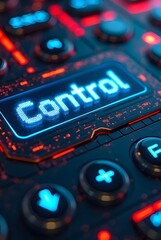 Futuristic control panel with Illuminated buttons and the word Control in vibrant neon, showcasing advanced technology and digital power, vertical composition.