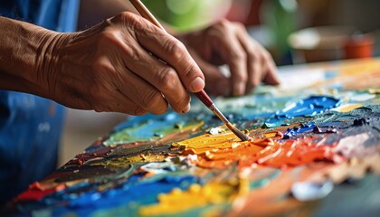 Artist painting with oil on canvas – close-up of hands and brush strokes with vibrant colors.