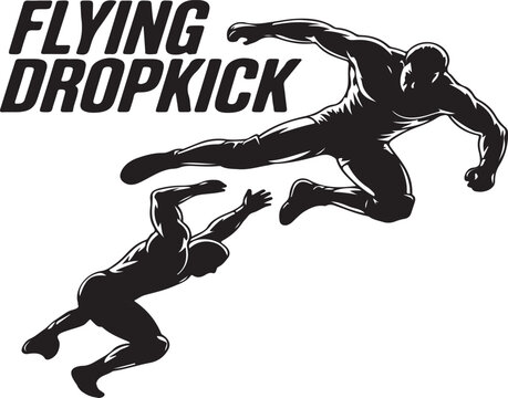Dynamic silhouette illustration of a flying dropkick martial arts technique in black and white