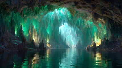 A serene lake reflects the ethereal glow of a fantastical cave with emerald shimmering walls.