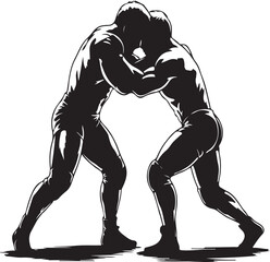 Fototapeta premium Silhouette of two wrestlers engaged in a grappling match ready to fight for victory