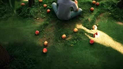A child picking apples in an orchard. Useful for advertising agriculture, children's products and educational programs.
