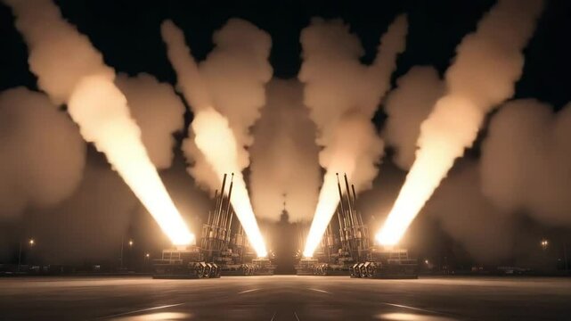 Night Fire of Futuristic Artillery Cannons &ndash; Ultra HD 8K Cinematic Military Scene with Techno Beat-Synced Muzzle Flashes and Recoil Motion