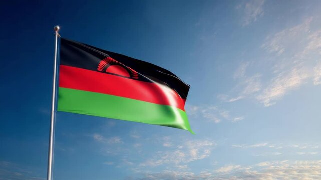 The flag of Malawi is prominently displayed, symbolizing Independence Day against a backdrop of clear skies and clouds.