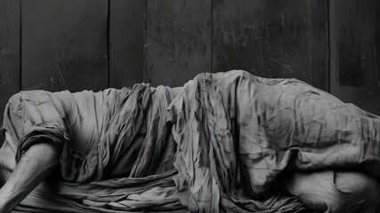 Black and white image of a man sleeping on the street. Useful for social projects and documentaries about homelessness.
