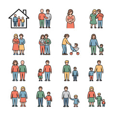 Naklejka premium Diverse Family Icons Set Colorful Line Art Illustrations Showing Various Family Structures Parents Children Baby Stroller Home Symbol