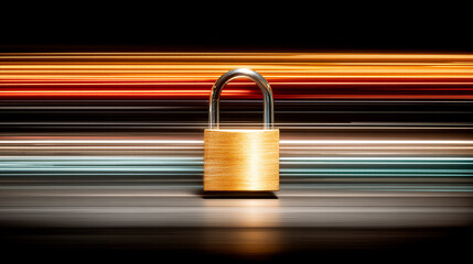 A sturdy golden padlock stands guard, representing robust cybersecurity and data protection amidst a blur of digital light.