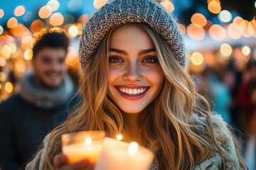 A young woman beams with happiness as she holds glowing candles at a lively winter market. The atmosphere is filled with twinkling lights, joyful chatter, and seasonal cheer