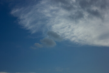 Deep blue sky with dramatic grey and white clouds. A beautiful natural background with plenty of copy space