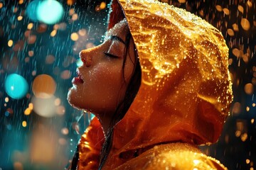 Under the gentle glow of city lights, a figure stands still, eyes closed and face tilted upwards, bathed in rain