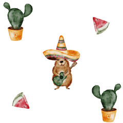 Capybara cartoon watercolor seamless pattern. A funny animal in a Mexican sombrero hat with a guitar. Cute water pig hand drawing on isolated white background. Clip art of a friendly guinea pig. Ideal