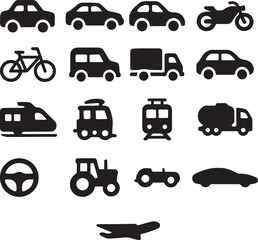 A collection of various transportation in black silhouette on a white background