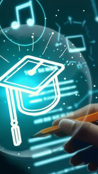 An abstract graphic representing digital learning. A hand holds pencil against backdrop glowing data, icons, highlighting concepts education, innovation,, technology integration.","digital learning