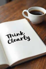 A simple, elegant composition featuring the words Think Clearly written in a notebook, alongside a cup of coffee on a rustic wooden table, vertical composition.