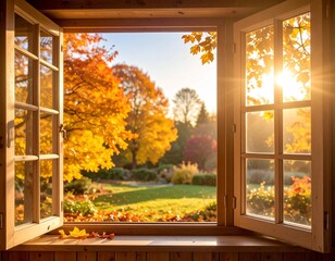 Open window framing a vibrant autumn landscape with colorful trees and bright sunlight streaming through.