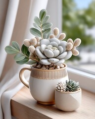 Indoor cactus and succulent mix in ceramic pot on wooden windowsill high resolution photo
