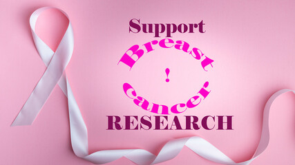 Support breast cancer research text, banner with pink awareness ribbon on darker pink background