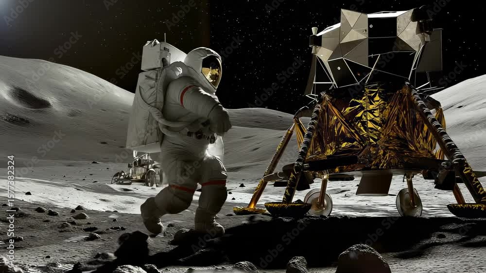 Wall mural astronaut in white spacesuit exploring lunar terrain near robotic rover and lunar landing module. ro