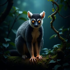 Fototapeta premium A majestic aye-aye lemur clings silently to rainforest branch.