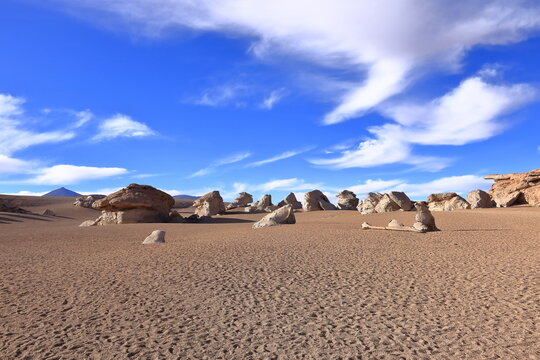 The famous stone tree rock formation (Arbol de Piedra) in the Siloli desert in the region of the Uyuni Salt Flat, Bolivia, South America