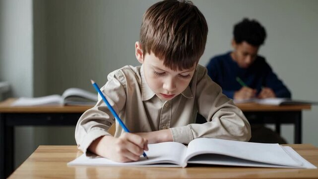 Attentive schoolboy writing intently in notebook while seated at desk, displaying deep concentration during classroom learning session - Powered by Adobe