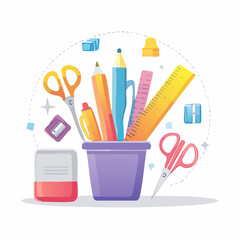Colorful stationery items arranged in a purple container, surrounded by other supplies like scissors, pencils, and rulers.
