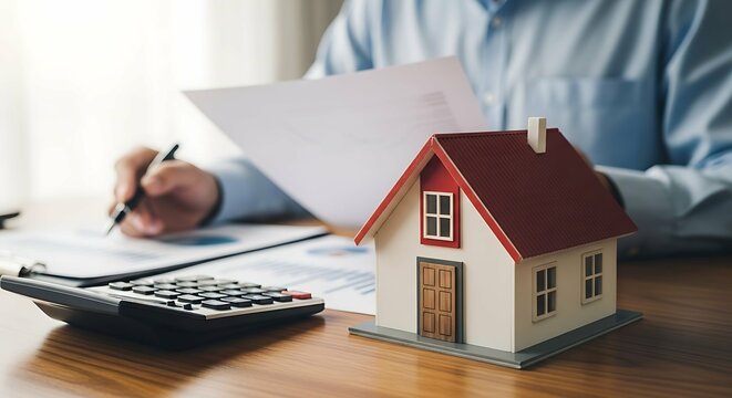 Person reviews paperwork near a miniature house and calculator on a desk.