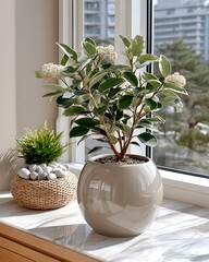 Indoor plant in glossy beige ceramic planter on windowsill high resolution picture