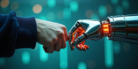 Human and robot collaboration concept symbolized by a fist bump between a human hand and a futuristic robotic arm