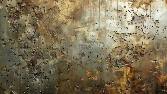 Old peeling wall with stains and cracks. Applicable in restoration and interior design projects.
