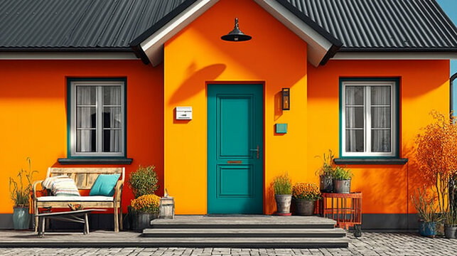A striking orange house with a contrasting teal door and inviting porch bathed in warm sunlight.
