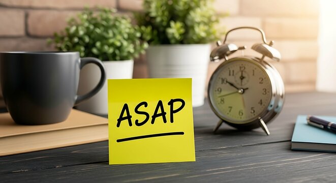 A yellow sticky note with "ASAP" written on it, placed near a clock and coffee cup.