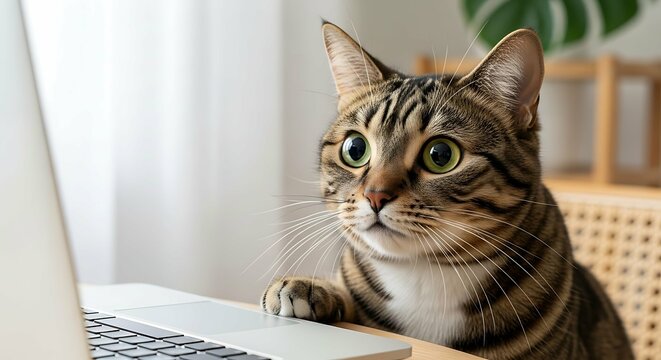 A tabby cat sits at a desk, looking wide-eyed at a laptop screen with a paw resting on the keyboard.