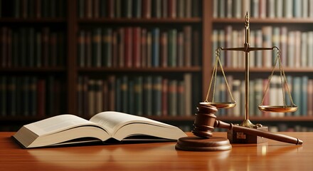 Open law book, judge's gavel, scales of justice, and a blurred library background symbolize legal studies and jurisprudence.