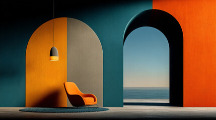 Modern minimalist interior with vibrant colors and arched doorways opening to a tranquil ocean view
