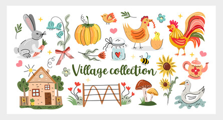 illage Collection hand drawn vector set with farm animals, sunflowers, vegetables, mushrooms, cozy house and cute countryside doodles. Perfect for prints, kids design, stickers and decor.